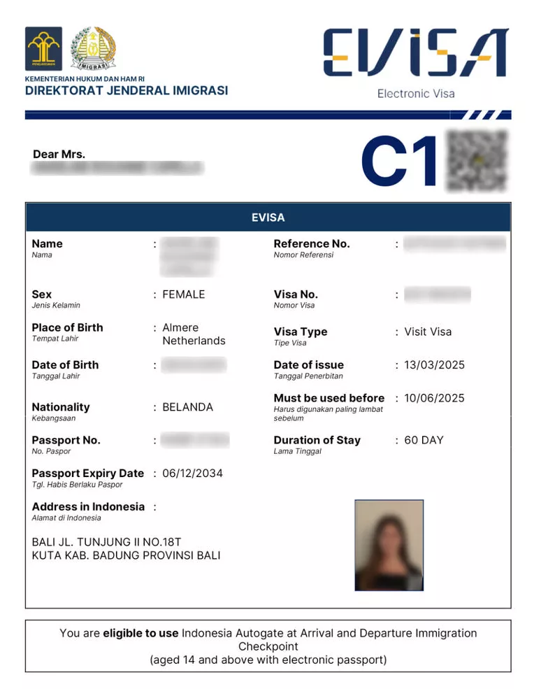 Sample Indonesia eVisa PDF from the Directorate General of Immigration